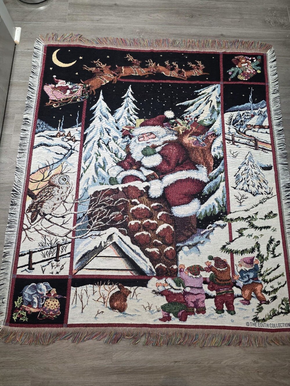 Vintage The Edith Collection Santa Rooftop Owl Woven Tapestry Throw Blanket